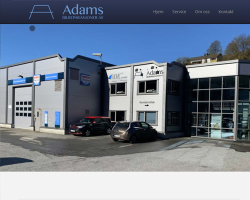A screenshot of the website, titled: Adam's Car Repair Shop. in norwegian and a picture of their building