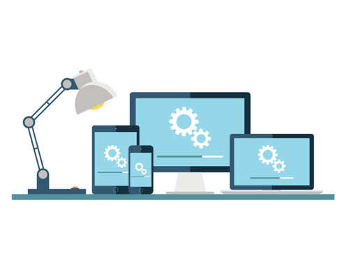 Illustration of different sized devices placed on a table with cogwheels spinning on them.